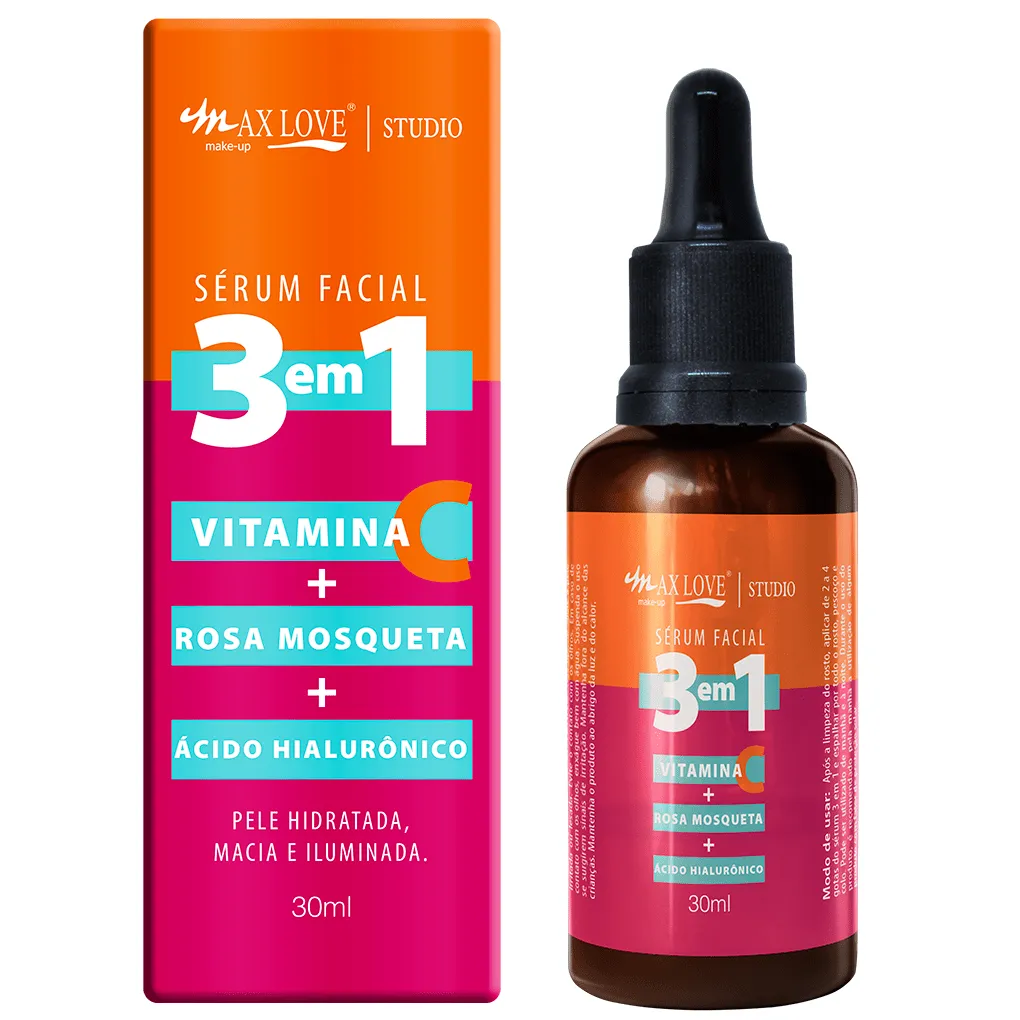 Serum Facial 3 em 1: Vitamina + C Rosa Mosqueta + Ácido Hialurônico